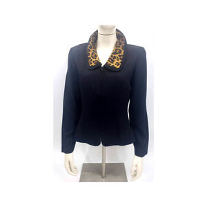 Vintage 1990s Casual Corner Sz 8 Faux Leopard Collar Zipper Front Blazer Jacket